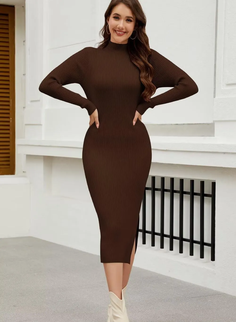 Wkior Women Long Sleeve Sweater Dresses Turtleneck Basic Ribbed Slim Fit Casual Bodycon 2025 Trendy Midi Dress(S-2XL)