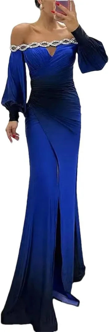 Women Loose Slash Neck Shoulder Spit Pleat Sexy High Waist Long Sleeve Dress