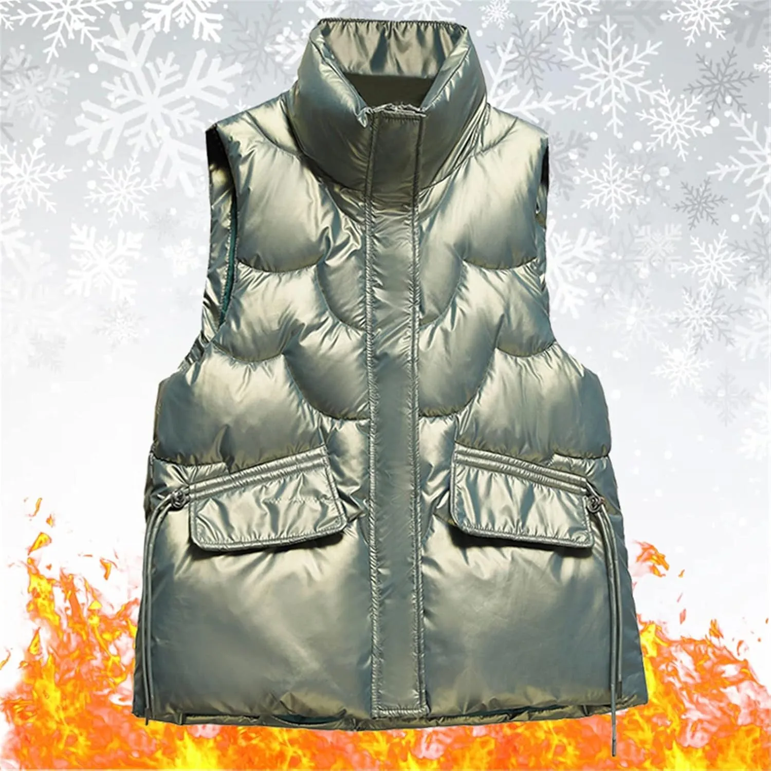 Women Shiny Puffer Vest Winter Warm Sleeveless Pluffy Down Jackets Zip Up Stand Collar Coat Gilet with Flap Pockets