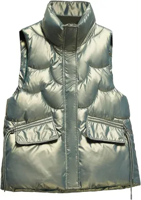 Women Shiny Puffer Vest Winter Warm Sleeveless Pluffy Down Jackets Zip Up Stand Collar Coat Gilet with Flap Pockets
