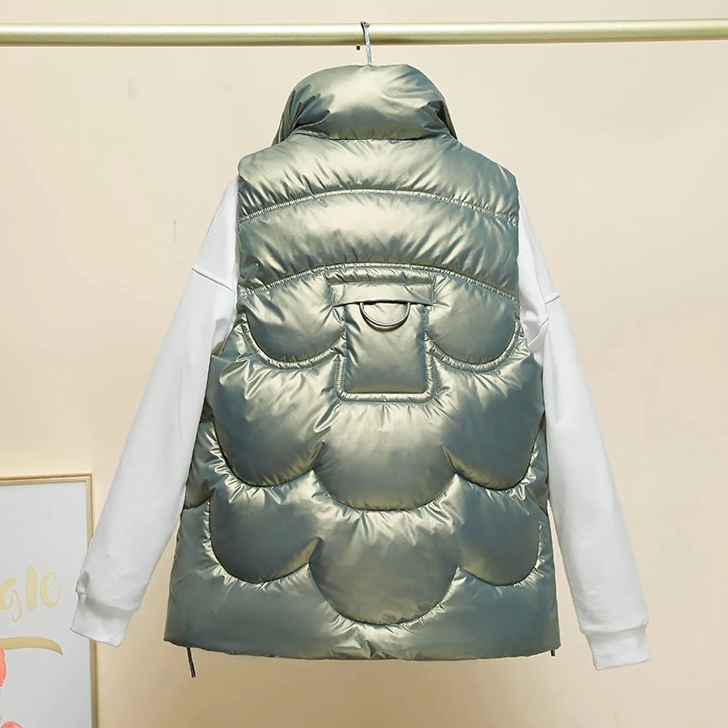 Women Shiny Puffer Vest Winter Warm Sleeveless Pluffy Down Jackets Zip Up Stand Collar Coat Gilet with Flap Pockets