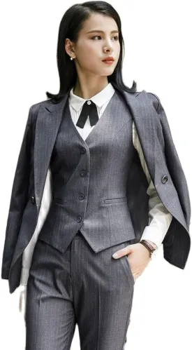 Women's 3-Piece Striped Business Slim Fit Work Wear Pointed Lapel Women Blazer   Pants   Vest