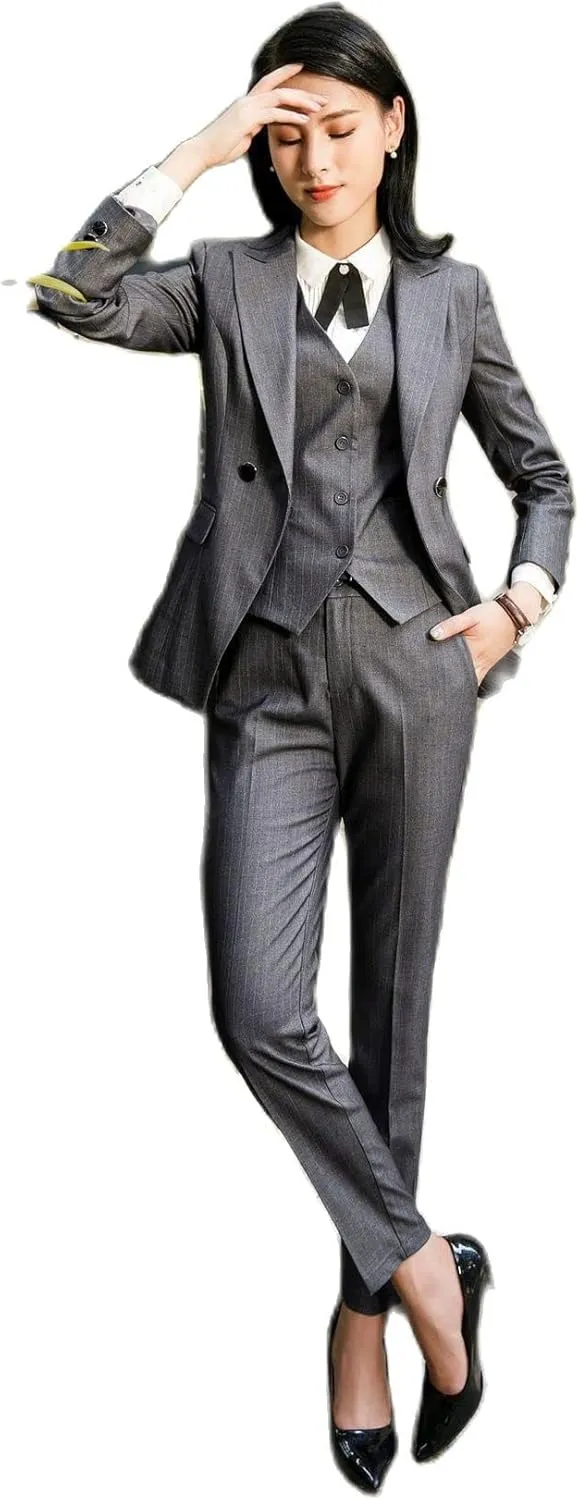 Women's 3-Piece Striped Business Slim Fit Work Wear Pointed Lapel Women Blazer   Pants   Vest