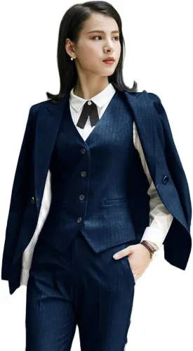 Women's 3-Piece Striped Business Slim Fit Work Wear Pointed Lapel Women Blazer   Pants   Vest