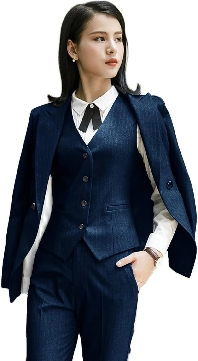 Women's 3-Piece Striped Business Slim Fit Work Wear Pointed Lapel Women Blazer   Pants   Vest