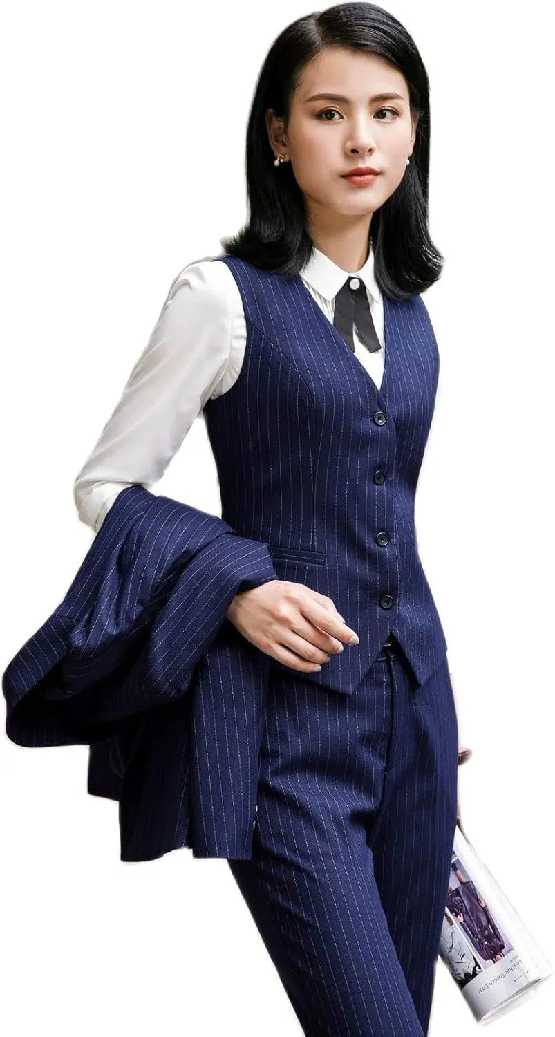 Women's 3-Piece Striped Business Slim Fit Work Wear Pointed Lapel Women Blazer   Pants   Vest