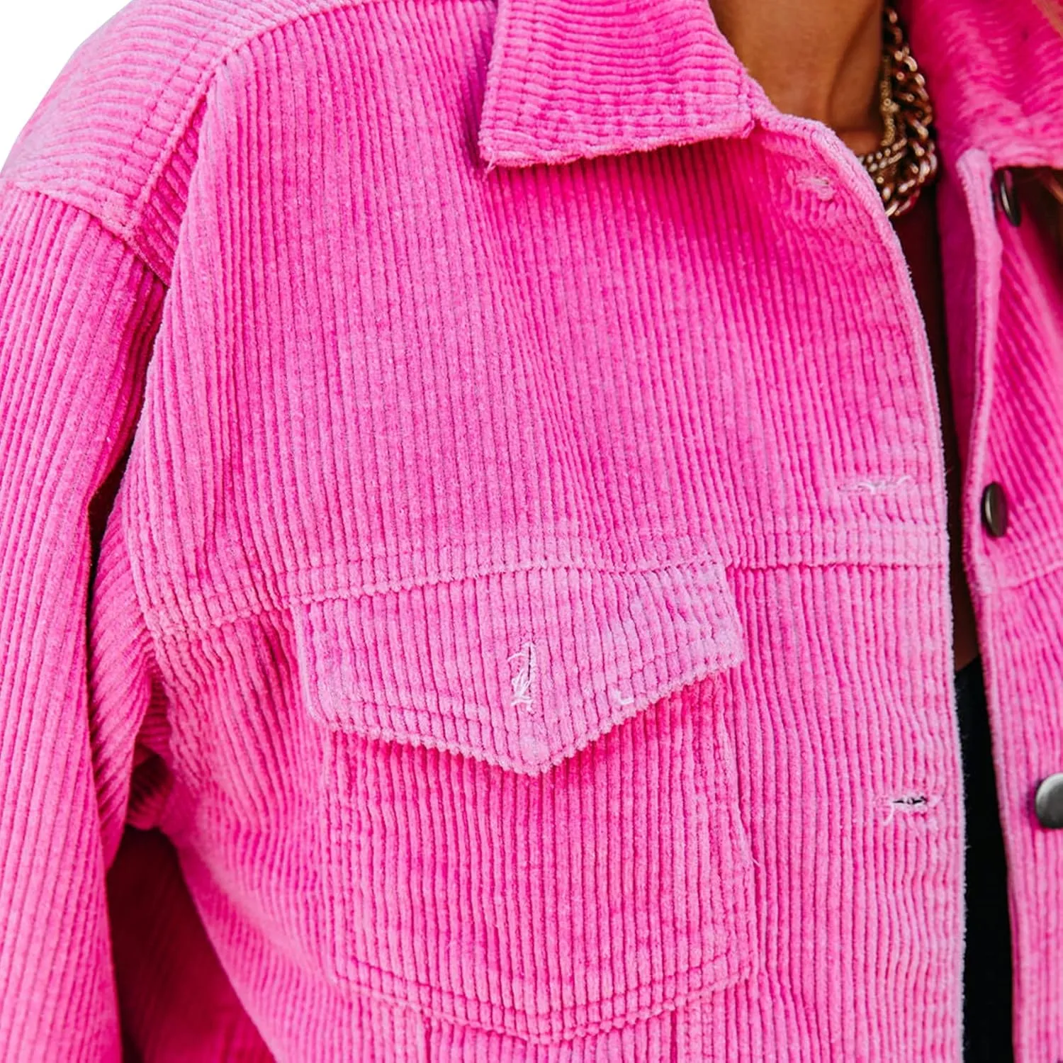 Womens Corduroy Jackets - Y2K Cropped Casual Button Down Jacket Retro Washed Frayed Hem Shacket Coat