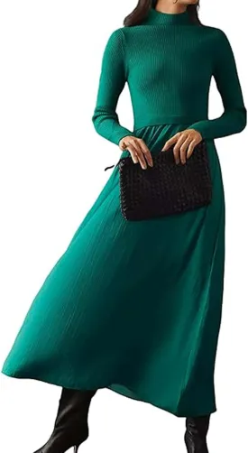 Womens Long Sleeve Maxi Dress Turtleneck Maxi Sweater Dress Slim Fit Patchwork High Waist Flowy Long Dresses
