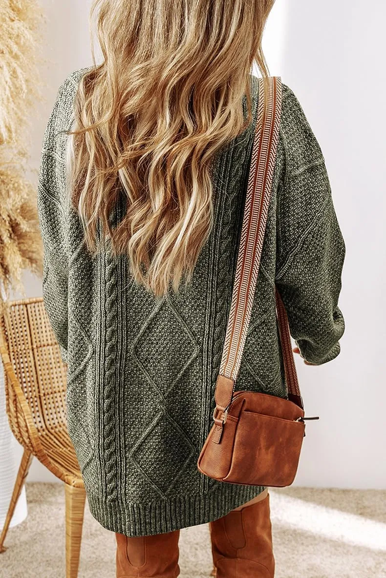 Womens Loose Long Sleeve Cable Knit Pullover Sweater Dress Casual Slouchy Crew Neck Knitted Mini Dress