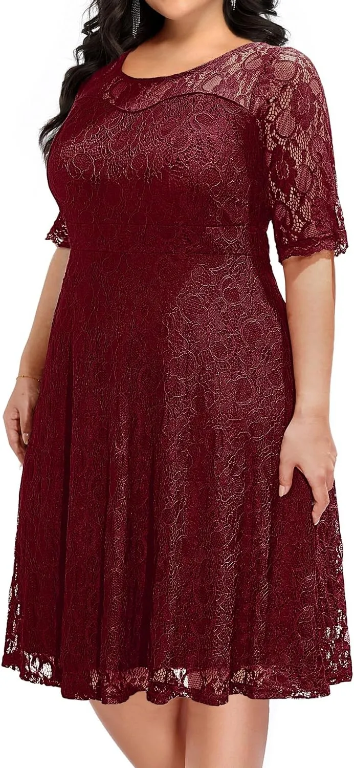 Women's Plus Size Wedding Guest Bridal Shower Semi Formal Cocktail Party Lace V Neck Midi Dress