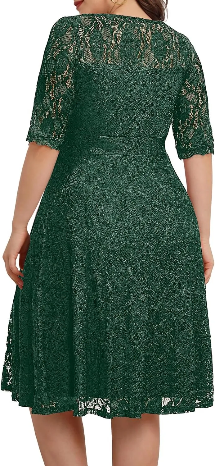 Women's Plus Size Wedding Guest Bridal Shower Semi Formal Cocktail Party Lace V Neck Midi Dress