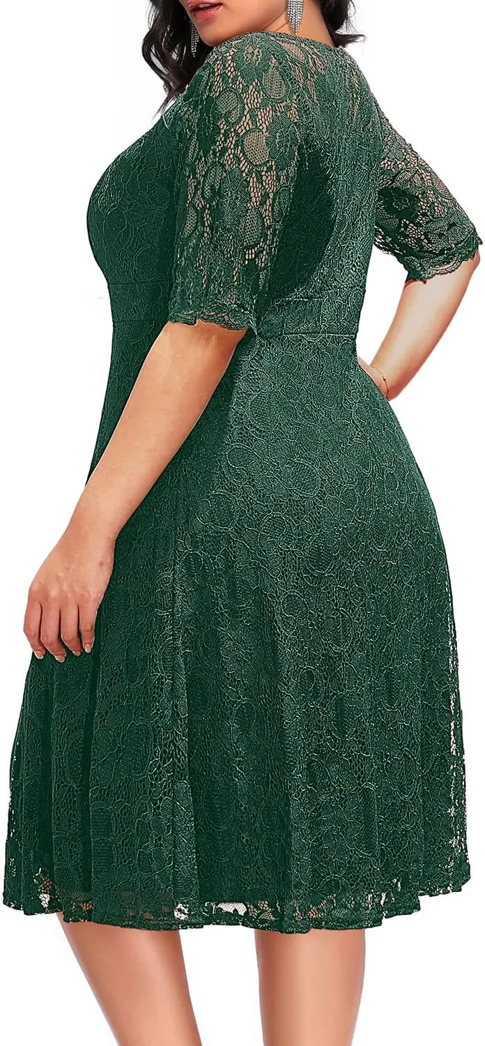 Women's Plus Size Wedding Guest Bridal Shower Semi Formal Cocktail Party Lace V Neck Midi Dress