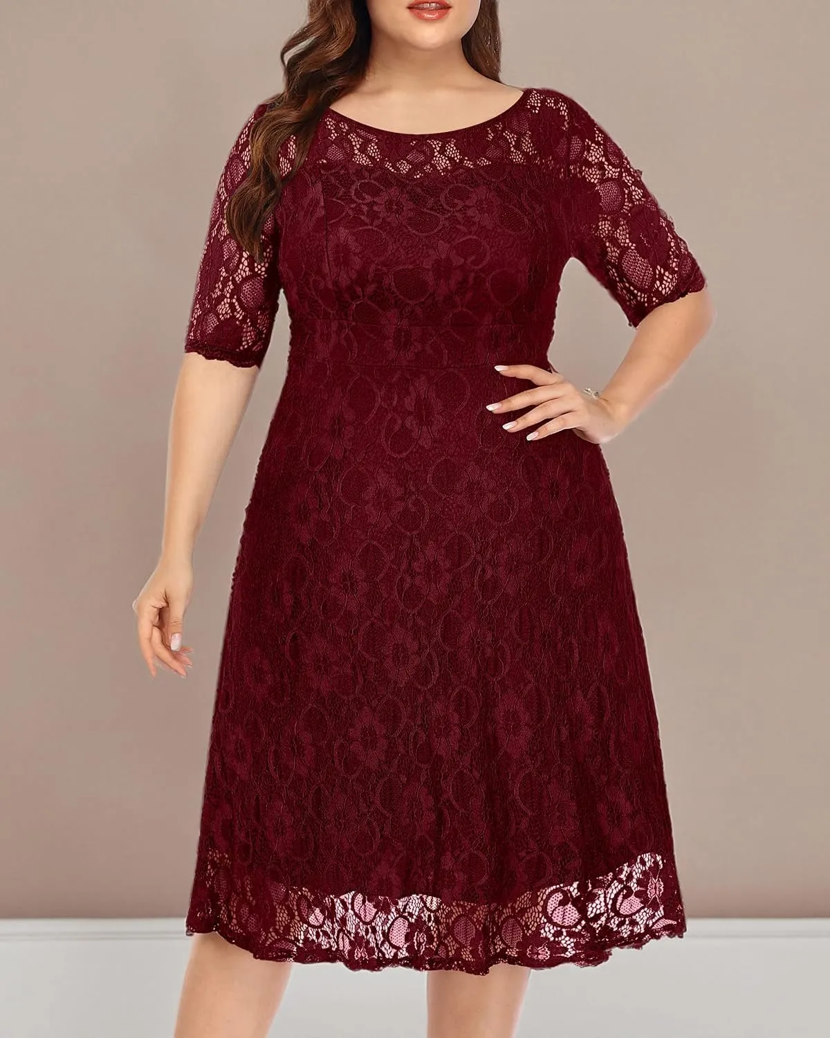 Women's Plus Size Wedding Guest Bridal Shower Semi Formal Cocktail Party Lace V Neck Midi Dress