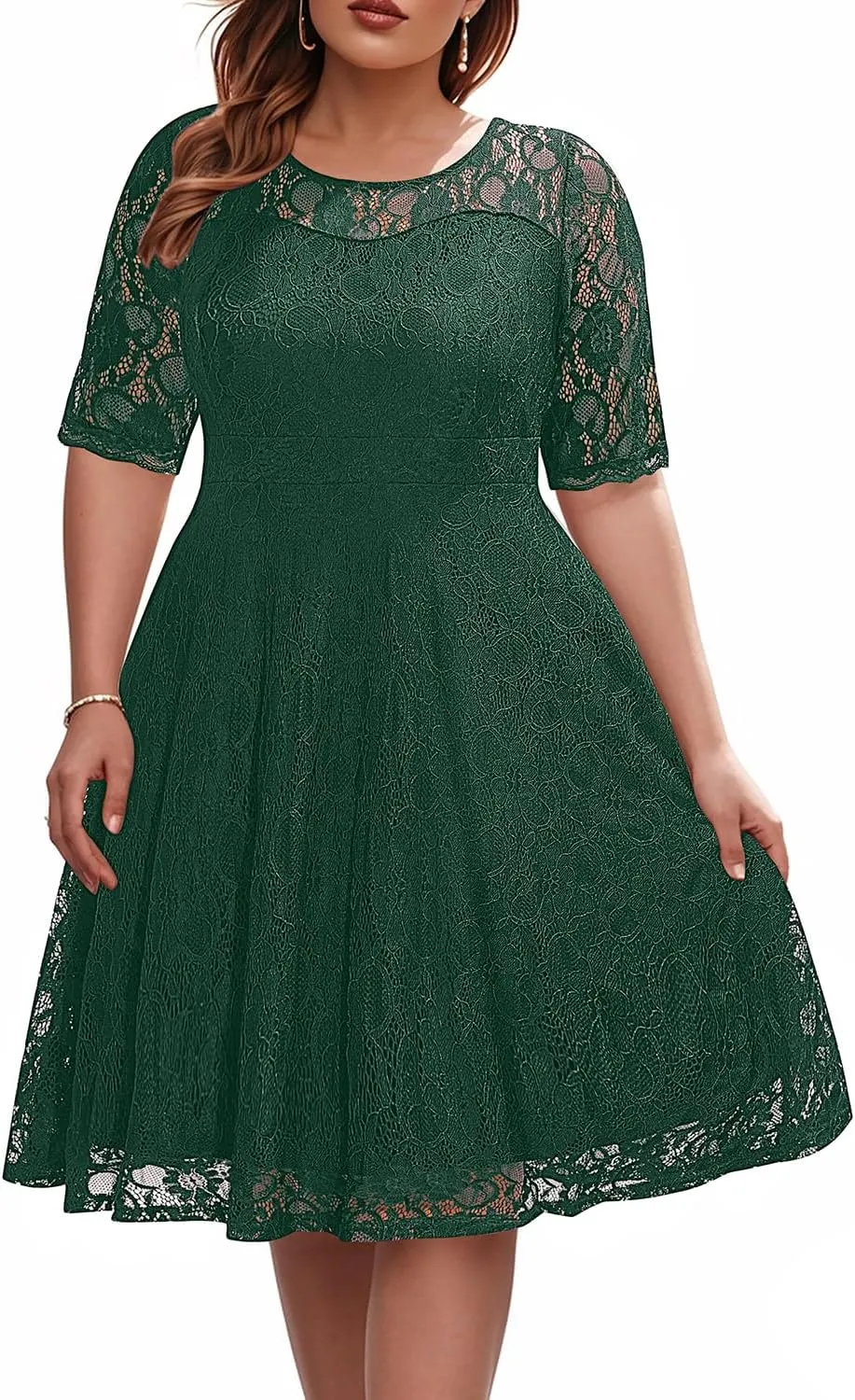 Women's Plus Size Wedding Guest Bridal Shower Semi Formal Cocktail Party Lace V Neck Midi Dress
