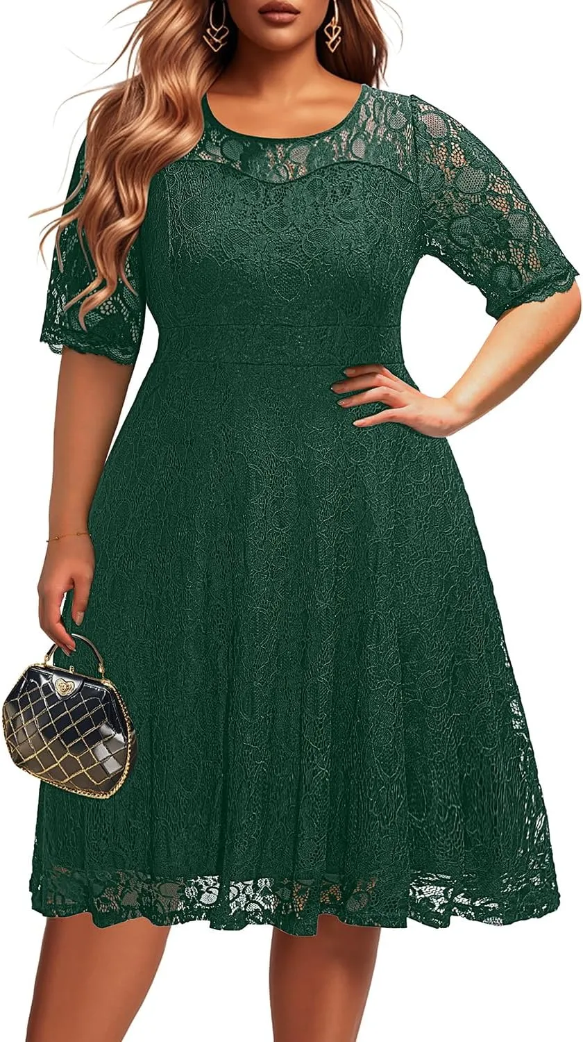 Women's Plus Size Wedding Guest Bridal Shower Semi Formal Cocktail Party Lace V Neck Midi Dress