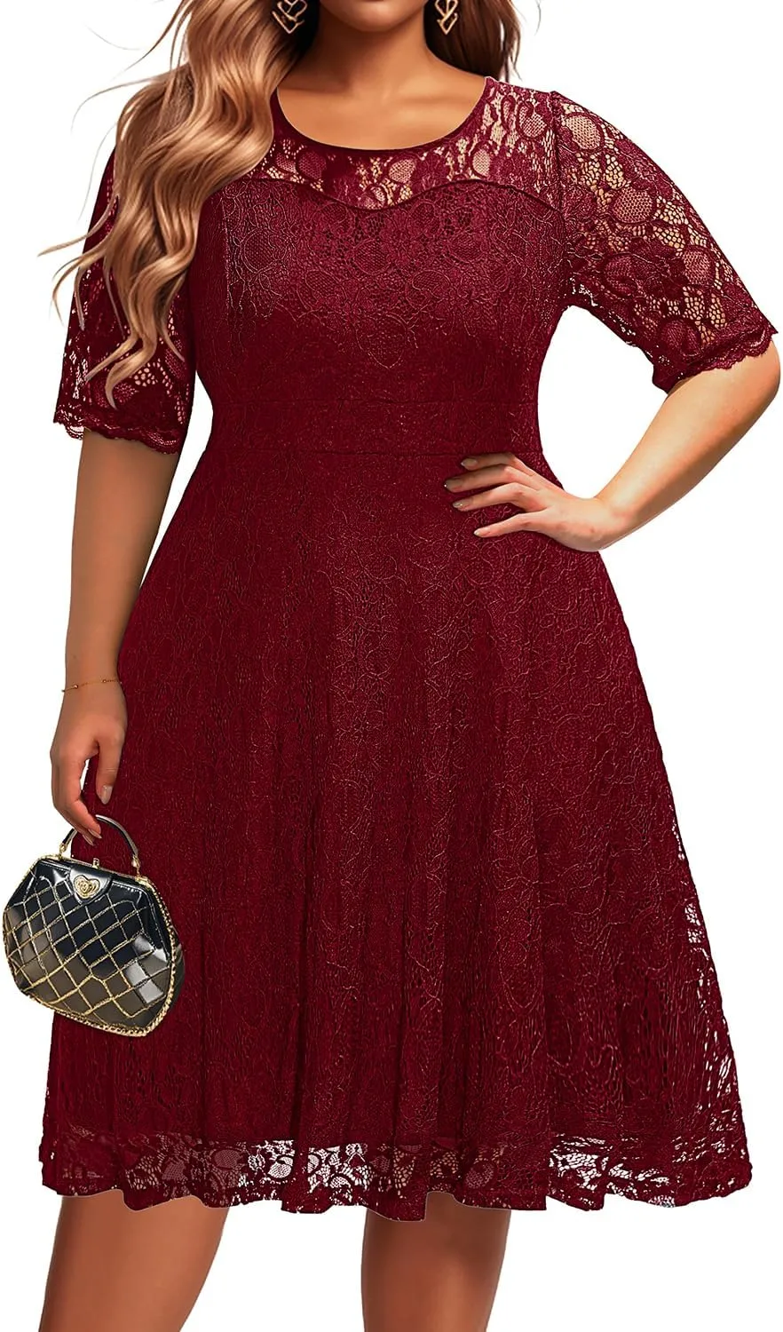 Women's Plus Size Wedding Guest Bridal Shower Semi Formal Cocktail Party Lace V Neck Midi Dress