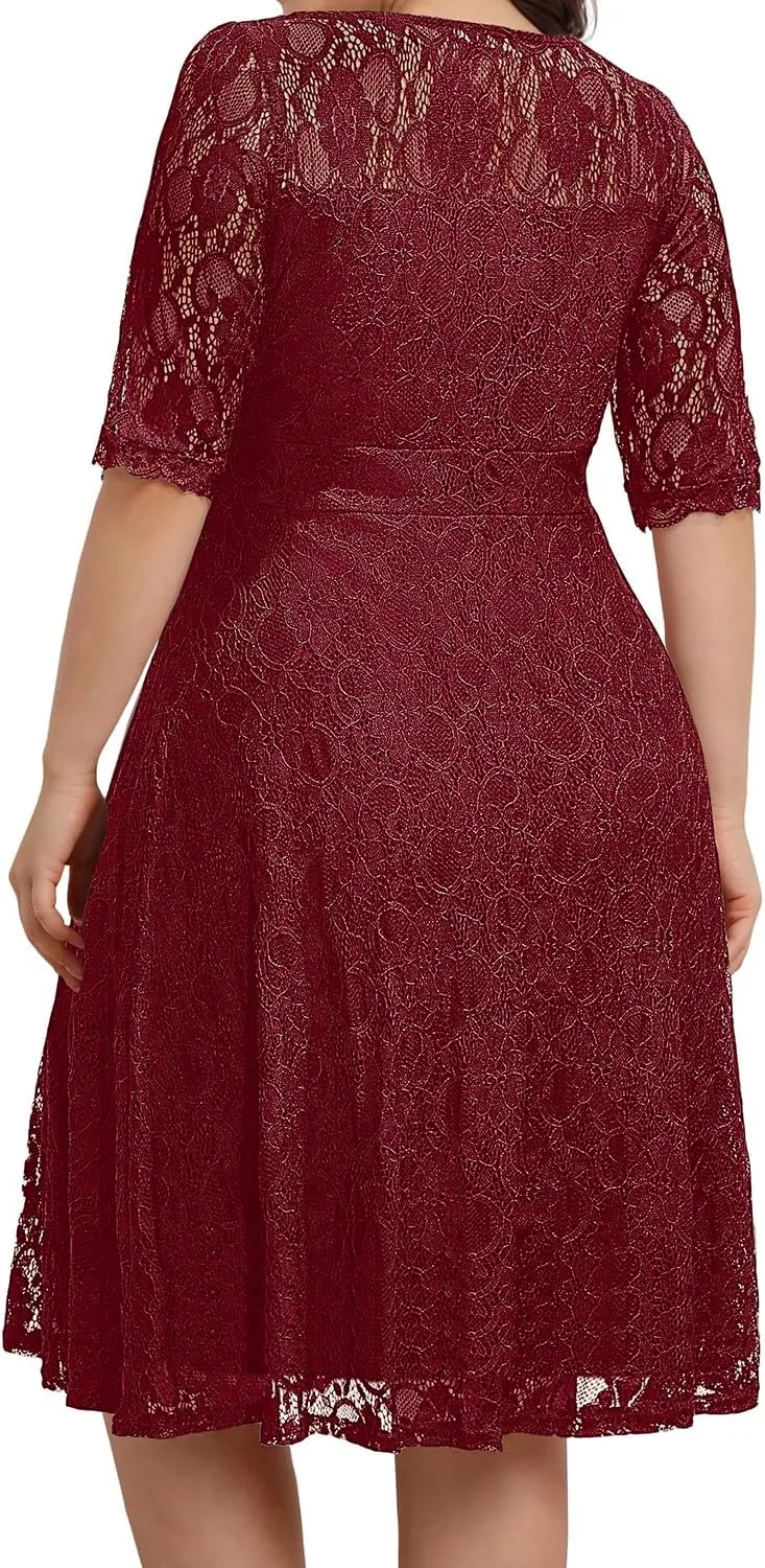 Women's Plus Size Wedding Guest Bridal Shower Semi Formal Cocktail Party Lace V Neck Midi Dress