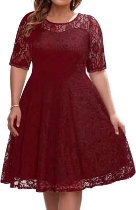 Women's Plus Size Wedding Guest Bridal Shower Semi Formal Cocktail Party Lace V Neck Midi Dress