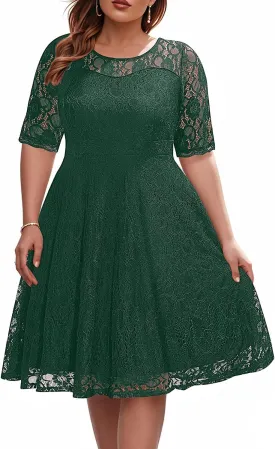 Women's Plus Size Wedding Guest Bridal Shower Semi Formal Cocktail Party Lace V Neck Midi Dress