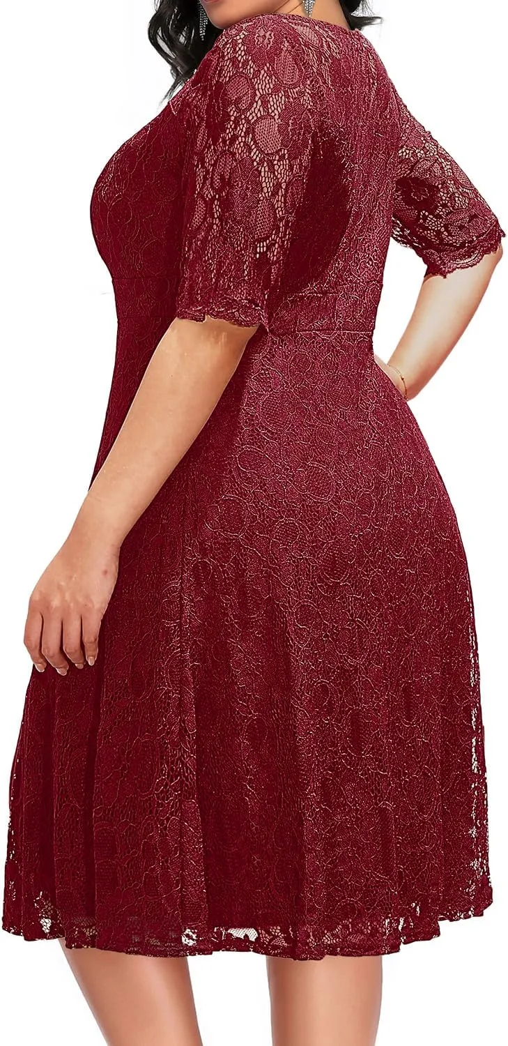 Women's Plus Size Wedding Guest Bridal Shower Semi Formal Cocktail Party Lace V Neck Midi Dress