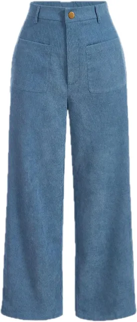 Women's Solid Patch Pocket Corduroy Mid Rise Wide Leg Pants Baggy Spring Break High Waist Button Detail