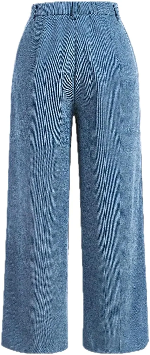 Women's Solid Patch Pocket Corduroy Mid Rise Wide Leg Pants Baggy Spring Break High Waist Button Detail