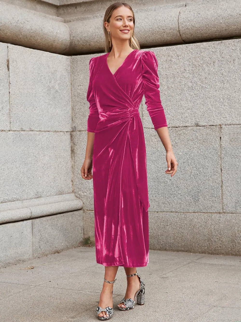 Womens Velvet Wrap V Neck Maxi Dress Long Sleeve Ruched Waist Fall Formal Cocktail Wedding Guest Dress