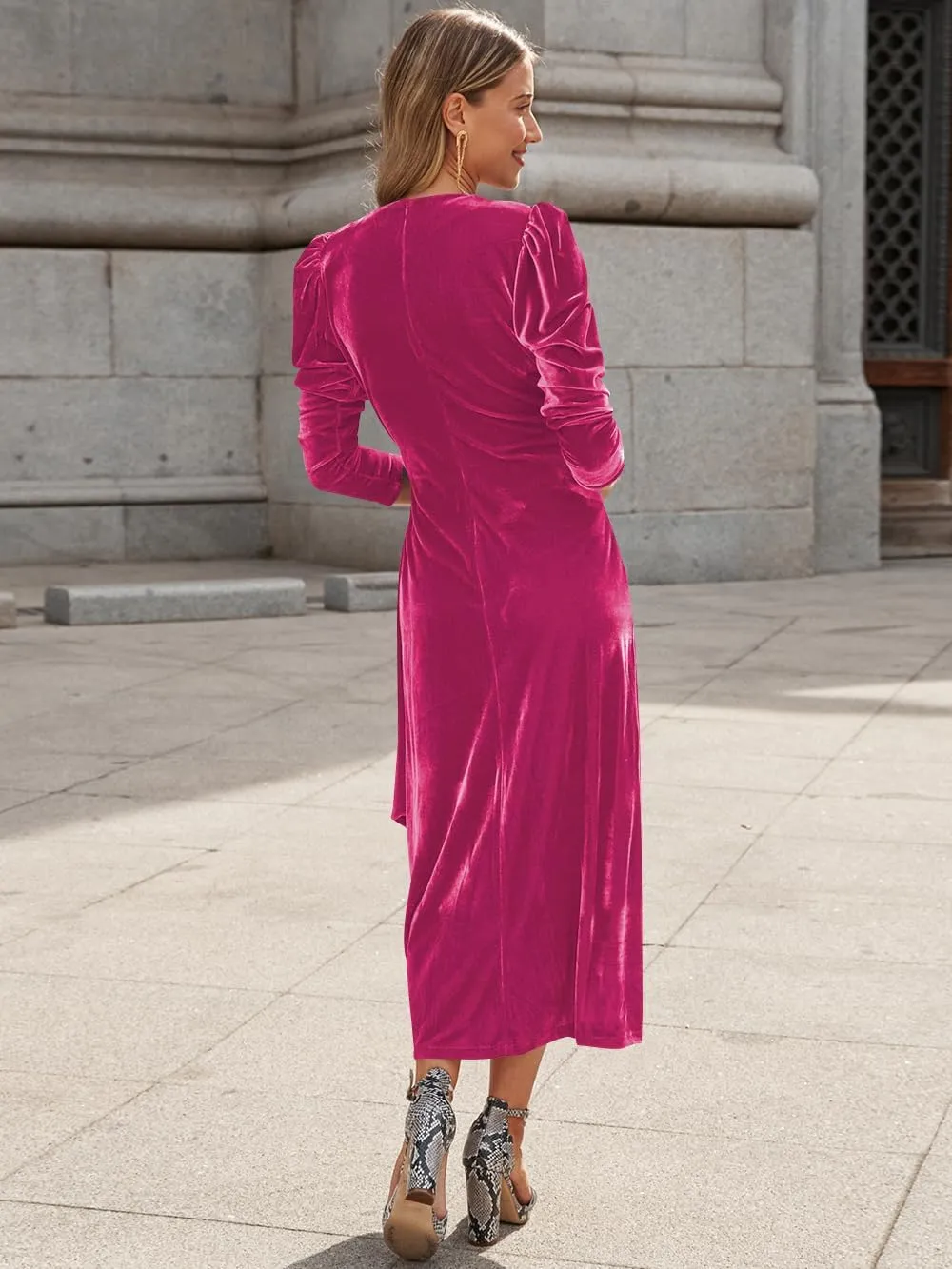 Womens Velvet Wrap V Neck Maxi Dress Long Sleeve Ruched Waist Fall Formal Cocktail Wedding Guest Dress
