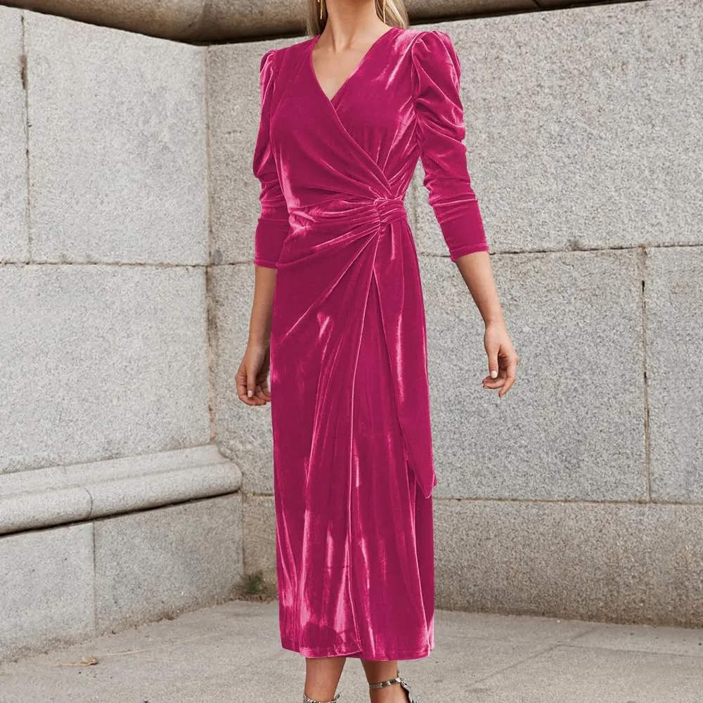 Womens Velvet Wrap V Neck Maxi Dress Long Sleeve Ruched Waist Fall Formal Cocktail Wedding Guest Dress