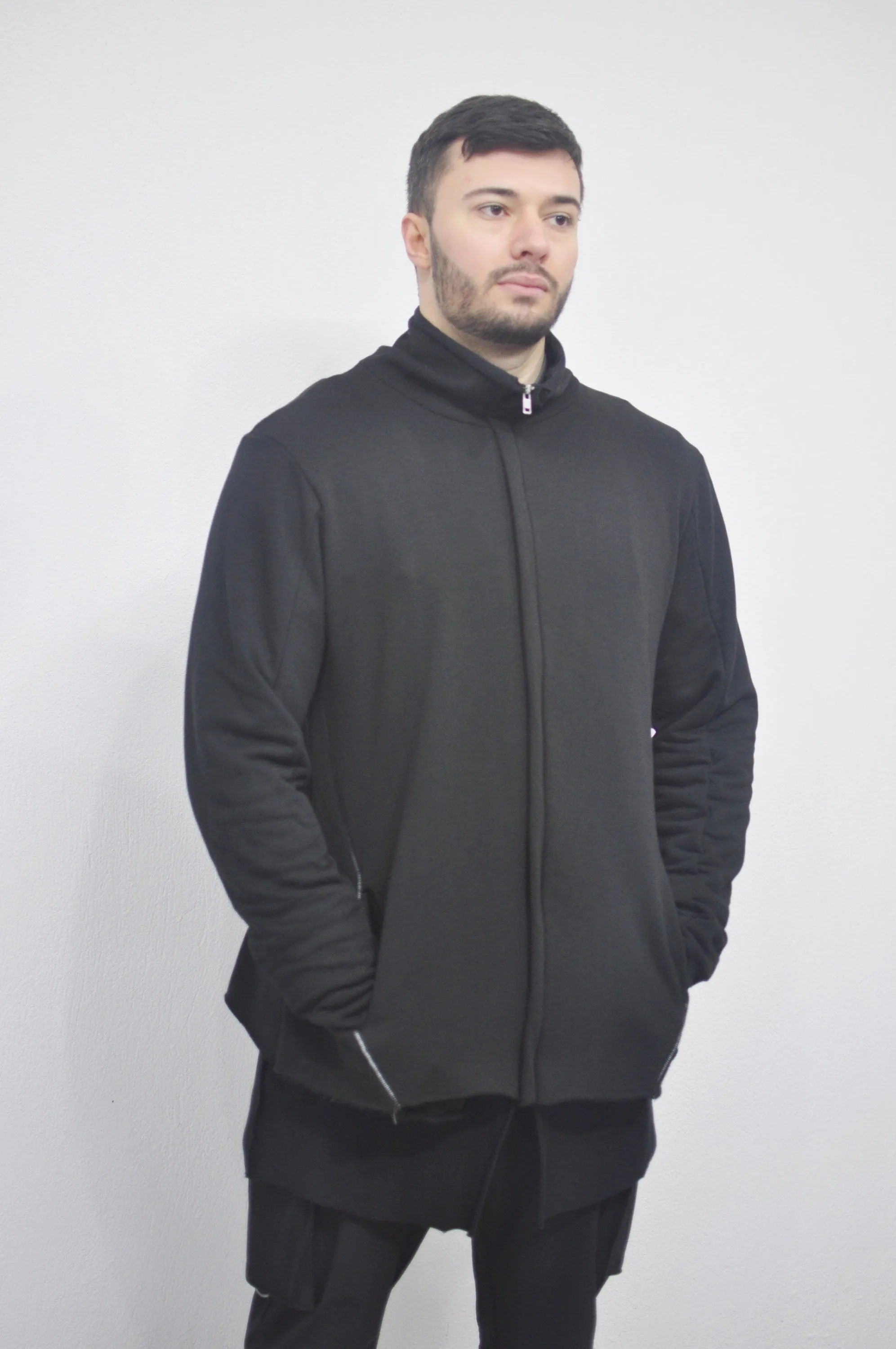 XS-8XL DISTORTION HOODIE, Contrast Stitching Black Sweatshirt,Cotton Fleece Construction, Asymmetric paneling,High-neck,Long sleeves- BB0103