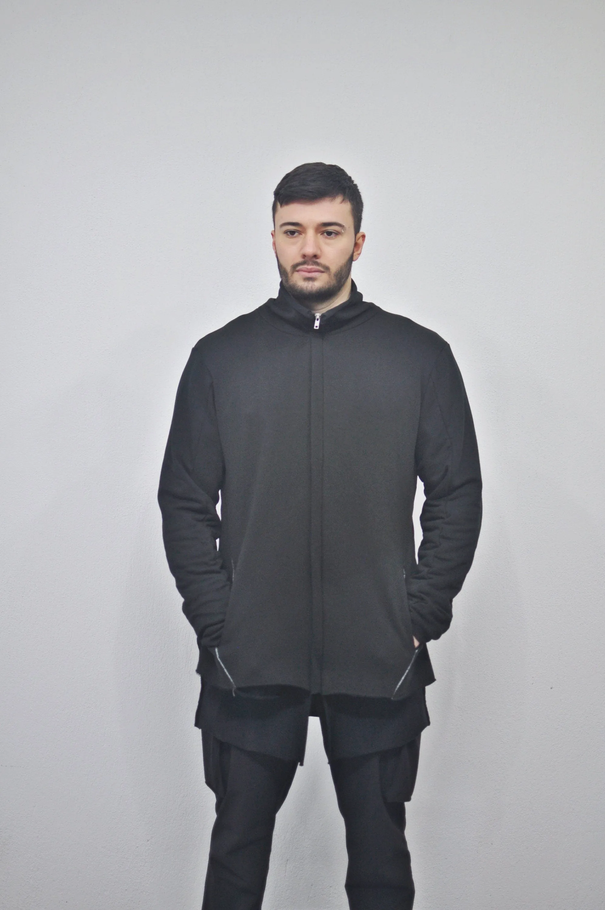 XS-8XL DISTORTION HOODIE, Contrast Stitching Black Sweatshirt,Cotton Fleece Construction, Asymmetric paneling,High-neck,Long sleeves- BB0103