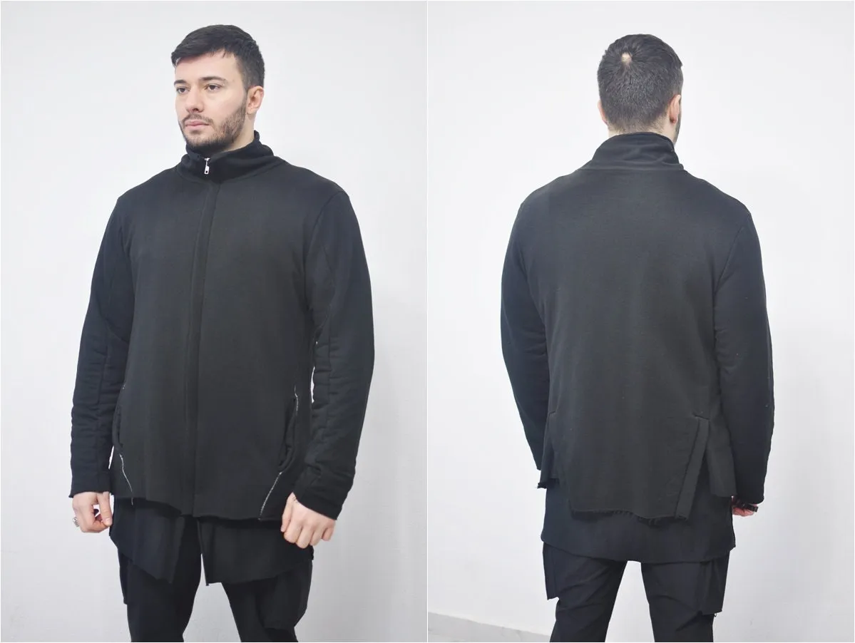 XS-8XL DISTORTION HOODIE, Contrast Stitching Black Sweatshirt,Cotton Fleece Construction, Asymmetric paneling,High-neck,Long sleeves- BB0103