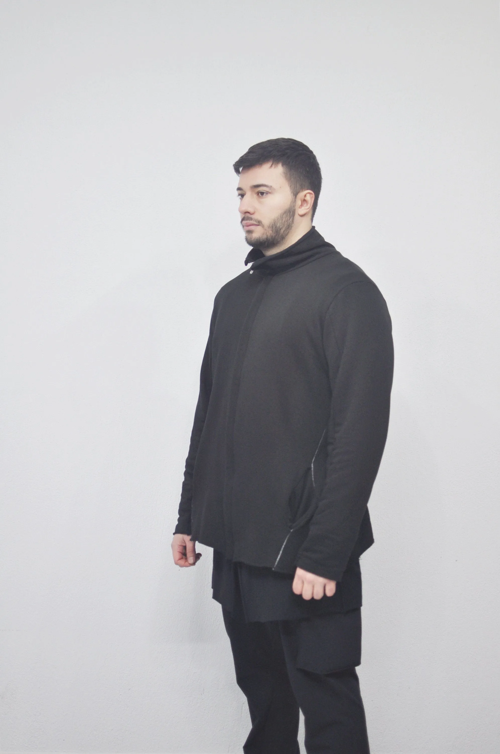 XS-8XL DISTORTION HOODIE, Contrast Stitching Black Sweatshirt,Cotton Fleece Construction, Asymmetric paneling,High-neck,Long sleeves- BB0103