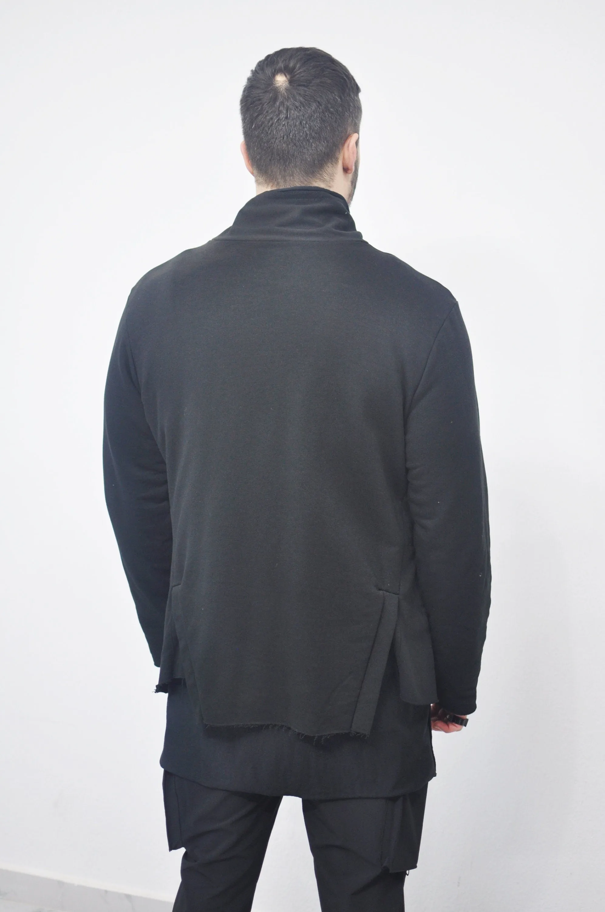 XS-8XL DISTORTION HOODIE, Contrast Stitching Black Sweatshirt,Cotton Fleece Construction, Asymmetric paneling,High-neck,Long sleeves- BB0103