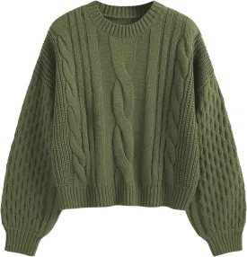 ZAFUL Women's Solid Knit Cable Sweater Casual Long Lantern Sleeve Pullover Crew Neck Knitted Tops